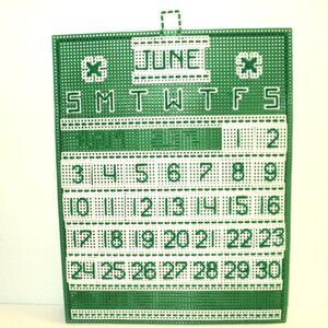 Handmade Perpetual Calendar Needlepoint Plastic Canvas Green & Cream Vintage NEW